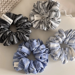 Chic sea salt striped scrunchies in cotton linen fabric with handmade woven labels