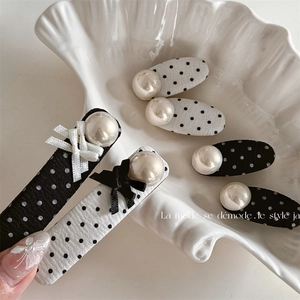 Polka Dot Fabric Bow Hair Clip With Artificial Pearl Elegant French Vintage Style Bangs Clip For Women Hair Accessory