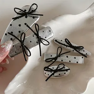 Silver Metallic PU Leather Polka Dot Bow Hair Clip Korean Sweet Butterfly Knot Side Clip For Women Hair Accessory