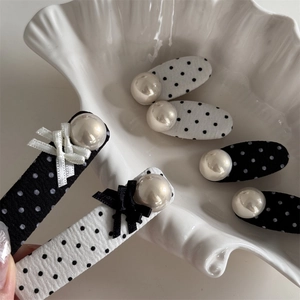 Cute black and white polka dot hair clips with pearls and bows for women styling