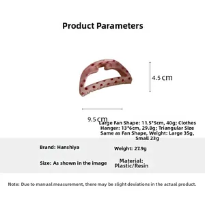 Detailed size specifications for pink polka dot hair claw clips in various shapes
