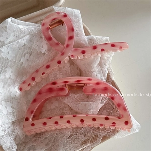 French Retro Strawberry Pink Polka Dot Hair Claw Clip Large Resin Shark Clip Elegant Hair Styling Accessories For Women