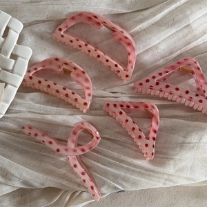 Pink polka dot resin hair claw clips set for women with semi-circular and triangle shapes