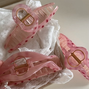 Pink polka dot acetate hair claw set for women elegant half moon hair clip accessory