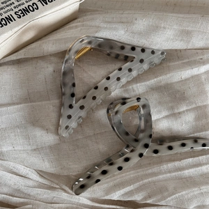 Detail view of acetate hair claws featuring black polka dots on translucent grey finish