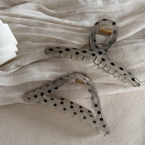 Translucent grey hair claw clip set with black polka dots and gold springs