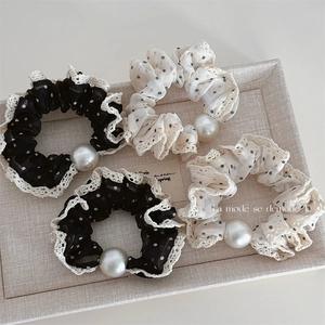 French Style Polka Dot Mesh Scrunchie With Faux Artificial Pearl Lace Trim Elegant Elastic Hair Tie For Women Hair Accessories