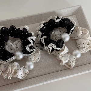 French style polka dot mesh hair scrunchies set with lace trim and elegant pearls