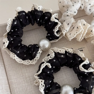 Polka dot mesh scrunchies with lace trim and faux pearl accent in black and white
