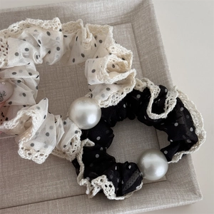 Polka dot mesh scrunchies with lace edges and large pearls in black and beige colors