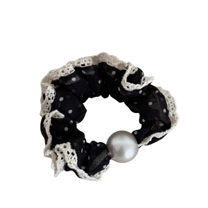 French vintage black mesh scrunchie with white polka dots, lace trim and pearl detail