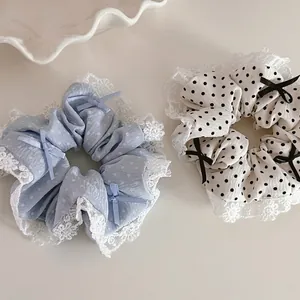 Chouchous à Pois avec Nœud et Bordure en Dentelle Style Coréen Élastiques à Cheveux en Tissu pour Femmes Filles Accessoires Cheveux
