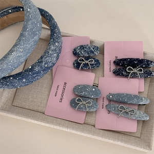 Glitzerndes Strass Denim Stirnband und Haarspangen Set in verschiedenen Blautönen