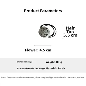 Detail showing dimensions of mint green fabric rose hair tie and elastic scrunchie band