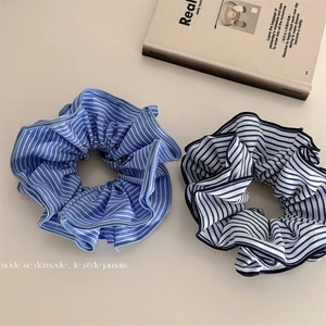 Grand Choucou en Tissu Rayé Fait à la Main Élastique à Cheveux Plissé Support de Queue de Cheval Femme Accessoire de Cheveux Style Coréen