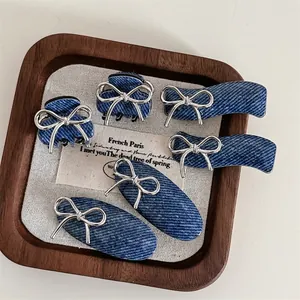 Korean Style Silver Bow Denim Texture Hair Clip Set For Women Sweet Vintage Oval Wave Duckbill Clip Small Hair Claw