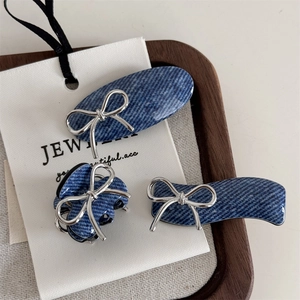 Blue denim texture hair clip set with silver metal bows and sweet Korean style
