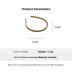 Detail view of brown acetate headband showing dimensions 14x13cm and 12.2g weight