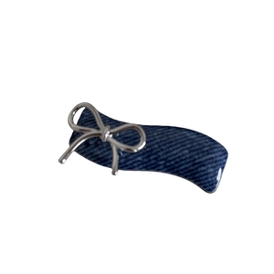 Blue denim wave hair clip with silver metal bow accent for women stylish hair accessory