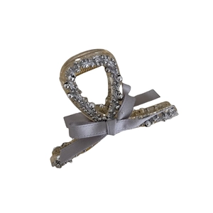 Elegant grey satin bow hair claw clip with silver beads and floral resin details