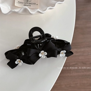 French Vintage Black Satin Ribbon Bow Large Hair Claw Clip Elegant White Rhinestone Flower Hair Shark Clip For Women