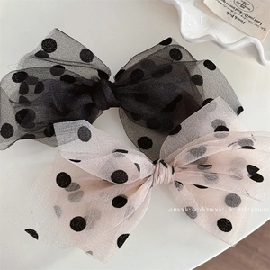 French Sweet Mesh Polka Dot Bow Hair Clip Elegant Large Spring Clip Headwear For Women Vintage Style Hair Accessories