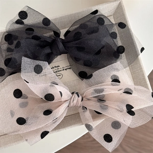 Polka dot mesh bow hair clips in black and beige, elegant vintage style hair accessories