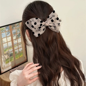 Elegant large mesh polka dot bow hair clip for women with French vintage sweet style