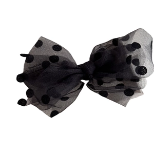 Elegant black mesh polka dot bow hair clip with French vintage style on white background