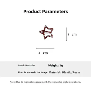 Detailed specs of 3cm red plaid star hair clip weighing 1g with plastic resin material