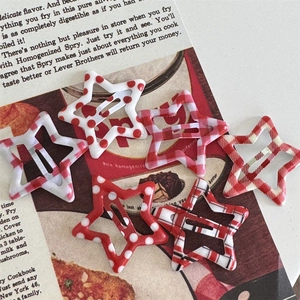 6-piece set of star hair clips featuring red and white polka dot and plaid patterns