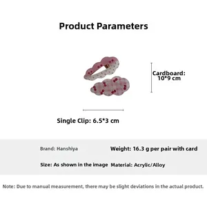 Detailed cloud-shaped acrylic hair clip set dimensions with cherry and polka dot patterns