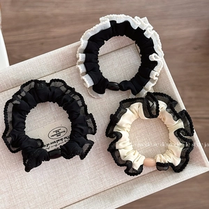 French Style Lace Trim Scrunchies Sweet Pleated Fabric Hair Tie With Resin Bead Elastic Ponytail Holder Women Accessories