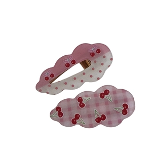 Pink cherry polka dot bow and cloud hair clips set with cute wave patterns for women