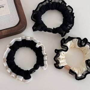Three-piece set of floral lace trim scrunchies in black and white for ponytail styles