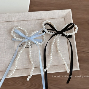 Pince à Cheveux Nœud en Künstliche Perles Faite à la Main avec Long Ruban en Satin Élégance Française Barrette Bec de Canard Femmes