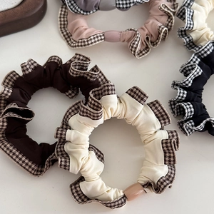 Vintage plaid lace hair scrunchies set in coffee, beige, pink and black with beads