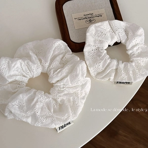 Korean Style Cream White Hollow Floral Embroidery Fabric Scrunchies Elegant Lace Hair Ties For Women Literary Style Hair Accessories
