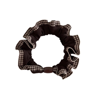 Retro brown hair scrunchie with houndstooth lace trim and polished resin bead detail