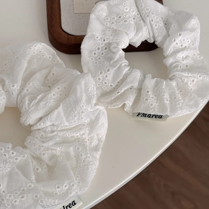 Elegant white hollow floral embroidery scrunchies made of soft cotton fabric set of 2