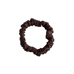Glossy silk satin scrunchie in coffee brown, seamless elastic hair tie for buns