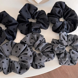 Korean Style Large Fabric Hair Scrunchies For Women Bow Polka Dot Heart Pattern Black Grey Elastic Hair Bands Ponytail Holder