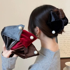 Elegant velvet pearl bow hair claw clip available in grey, red, brown, and black