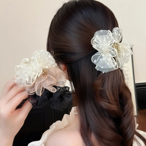 Sweet Korean Style Mesh Flower Hair Claw Clip Dotted Organza Shark Clip Fluffy Hair Volumizing Headpiece For Women Daily