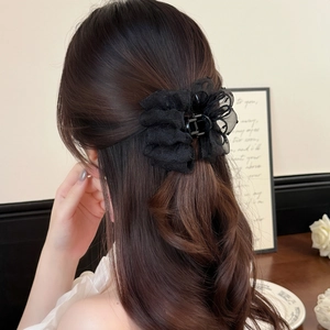 Elegant black lace flower hair claw clip for voluminous half-up hairstyles on long hair