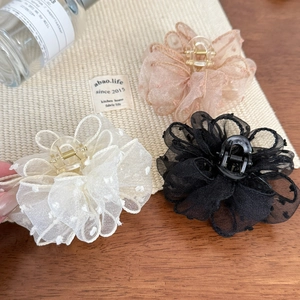 Floral organza hair claw clips with polka dot embroidery in black, beige, and pink colors