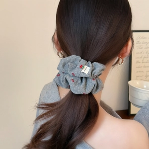 Grey cherry embroidered scrunchie handmade for elegant ponytails and bun hairstyles