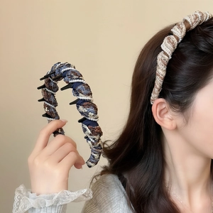 Knitted Fabric Artificial Pearl Toothed Headband For Women Elegant Vintage High Skull Top Head Hoop Hair Accessories