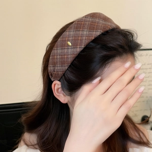 Vintage Brown Plaid Wide Padded Headband For Women Retro Checked Thickened Sponge High Cranial Top Hair Hoop Maillard Hair Accessories