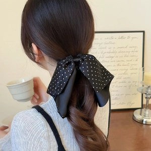 Elegant Polka Dot Bow Streamer Scrunchie Black Satin Large Hair Tie For Women Vintage French Style Hair Accessories
